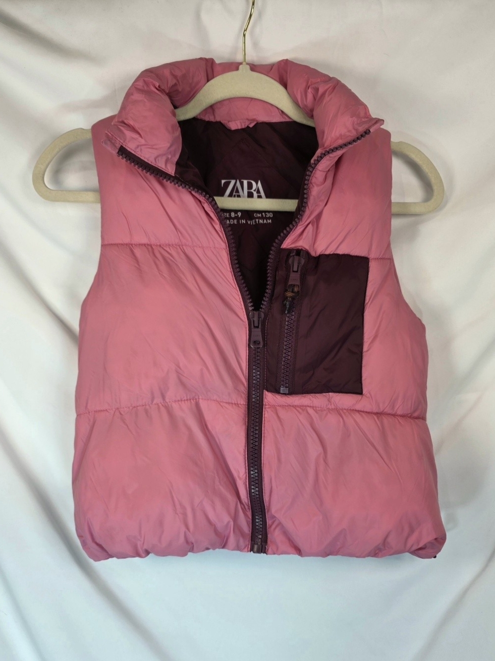 ZARA Girls Pink Colorblock Puffer Vest Size 8 9 Burgundy Pocket Quilted Gilet